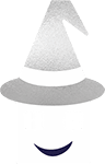 Clear graphic image of a house with grey witches hat for the roof two windows as eyes and a smiling open mouth replacing the door