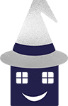 Graphic image of a dark blue house with grey witches hat for the roof two windows as eyes and a smiling open mouth replacing the door