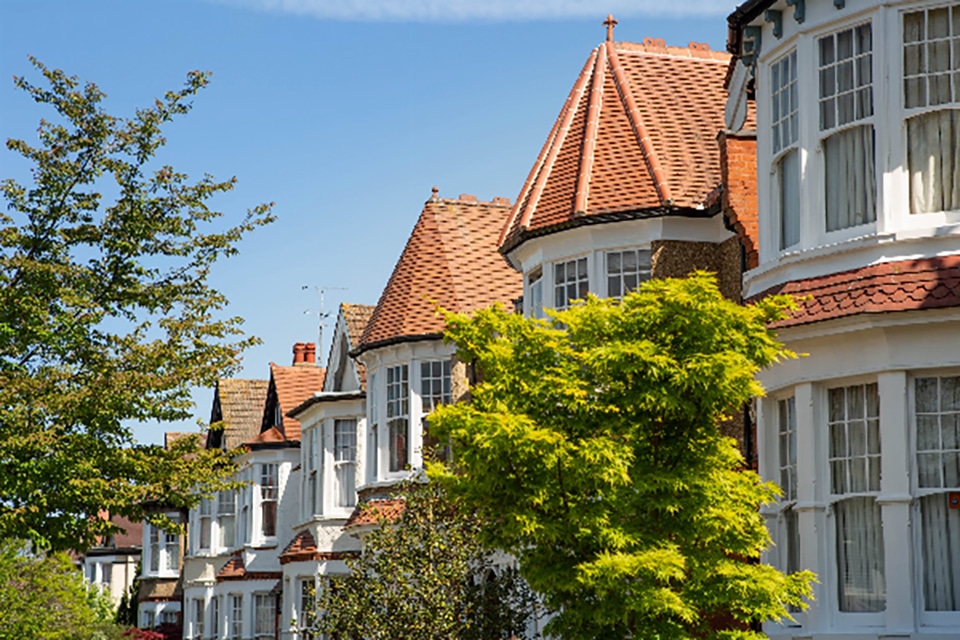 Close up traditional row of bay fronted sash window terraced properties with lush green trees and blue sky