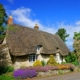 Roadside image of traditional detached thatched stone cottage with colourful stone walled garden border and large horse chestnut tree in flower