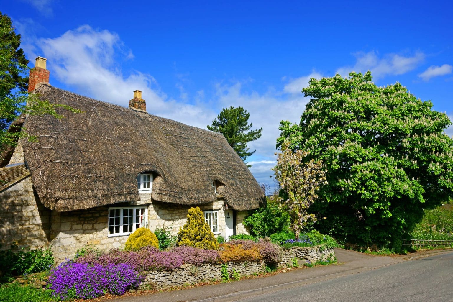 Roadside image of traditional detached thatched stone cottage with colourful stone walled garden border and large horse chestnut tree in flower