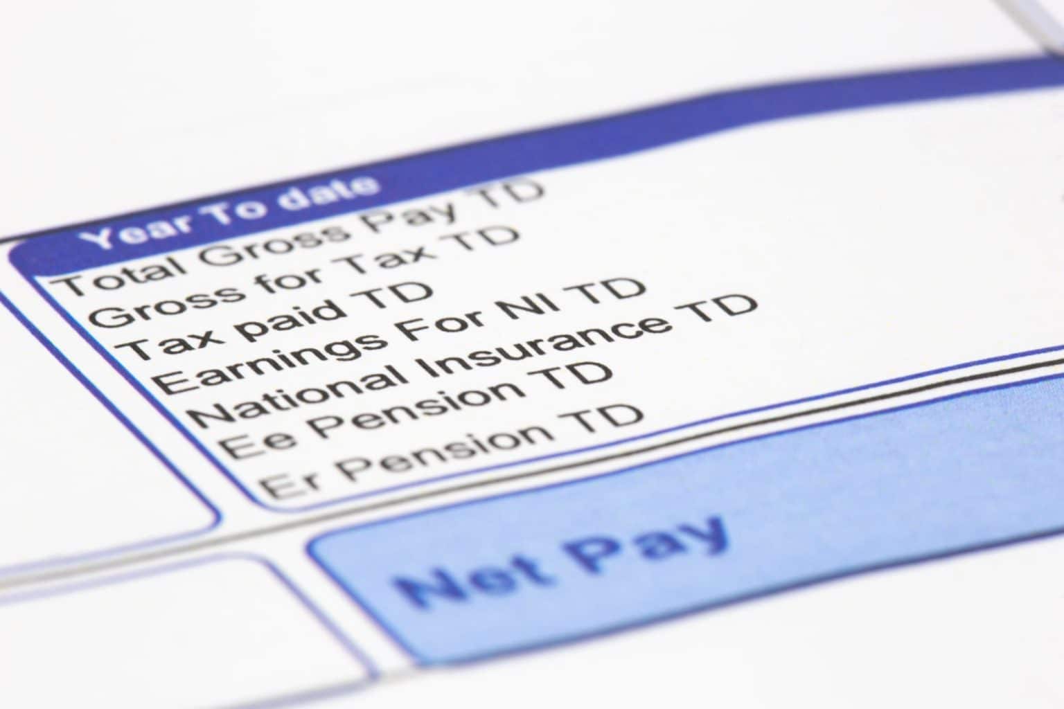 Close up of pay slip with Year To Date list of contribution criteria and Net Pay total box in blue and white