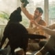 Young couple laughing sitting on floor in sunlit living room window playing with black labrador cuddly toy