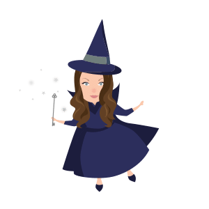 Floating witch cartoon character version of team member Amy with long wavy brown hair and wand in purple dress cloak and hat