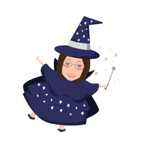 Floating witch cartoon character version of team member Caroline with spectacles straight brown hair and wand in purple dress cloak and hat decorated with silver stars and sash