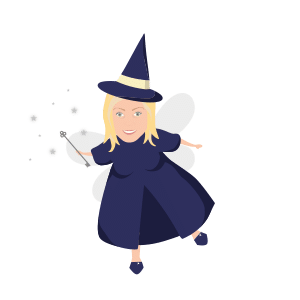 Floating witch cartoon character version of team member Jane with straight blonde hair and wand in purple dress cloak and hat with gold sash