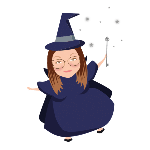 Floating witch cartoon character version of team member Katie with spectacles straight brown hair and wand in purple dress cloak and hat