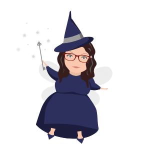 Floating witch cartoon character version of team member Kelly with spectacles straight dark hair and wand in purple dress cloak and hat with wings