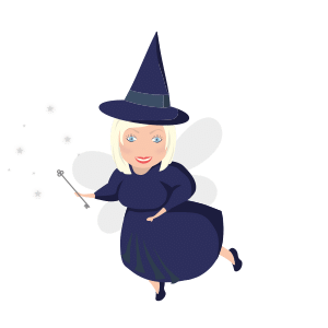 Floating witch cartoon character version of team member Kirsty with short blond hair wings and wand in purple dress and hat