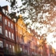 Traditional red brick apartment block at dusk